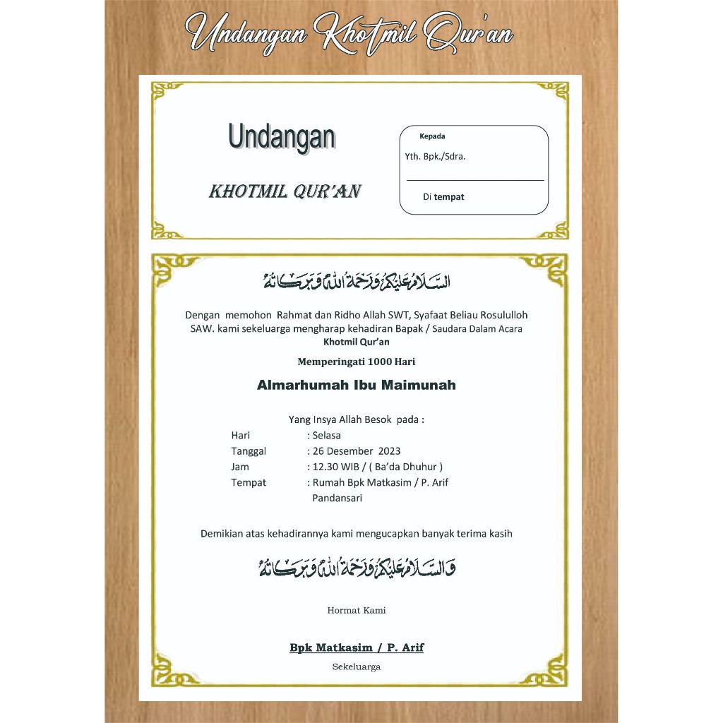Jual TERMURAH!!!! Cetak Undangan Khotmil Qur'an, Undangan Tahlil