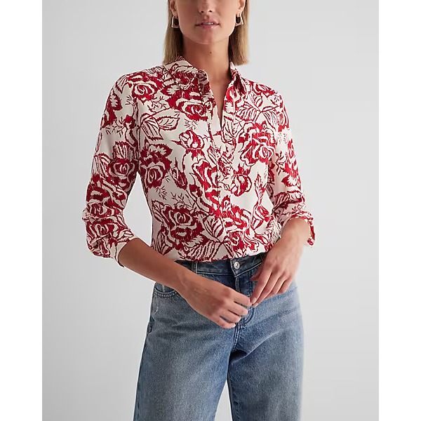 Jual women's red flower shirt/Z*RA women's long sleeve red flower shirt