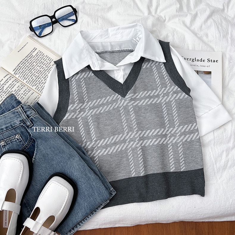 Jual Hyo-Jin Blouse Set Vest ARGYLE Seragam Sekolahi Korea