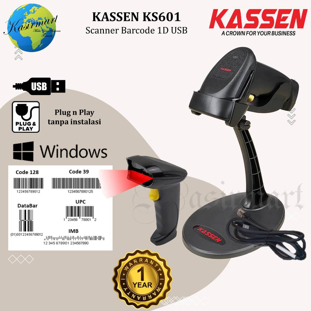 Jual Kassen KS601 Scanner Barcode 1D Handheld Wired USB Plus Stand KS
