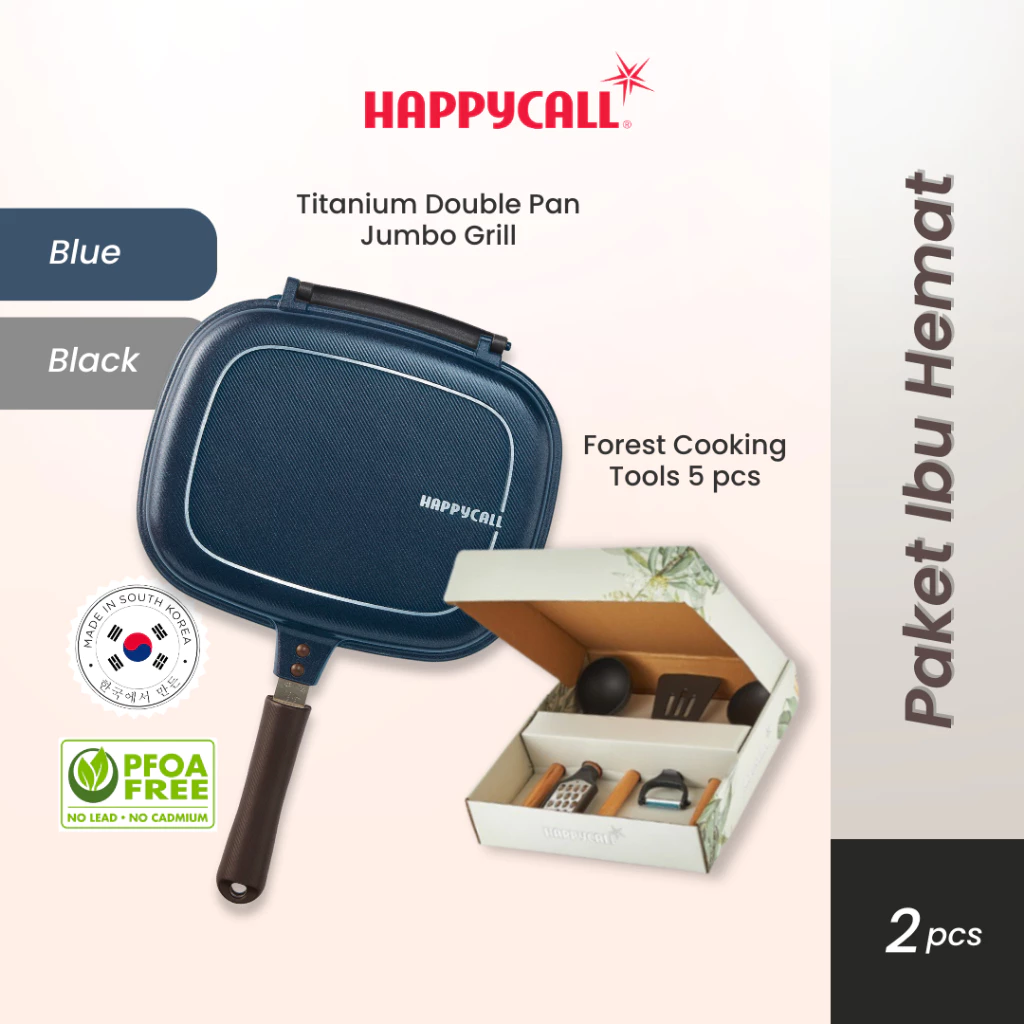 Happycall Masak di Rumah 2 Pcs Set (Double Pan Jumbo Grill_Blue & Forest Wood Cooking Tools)