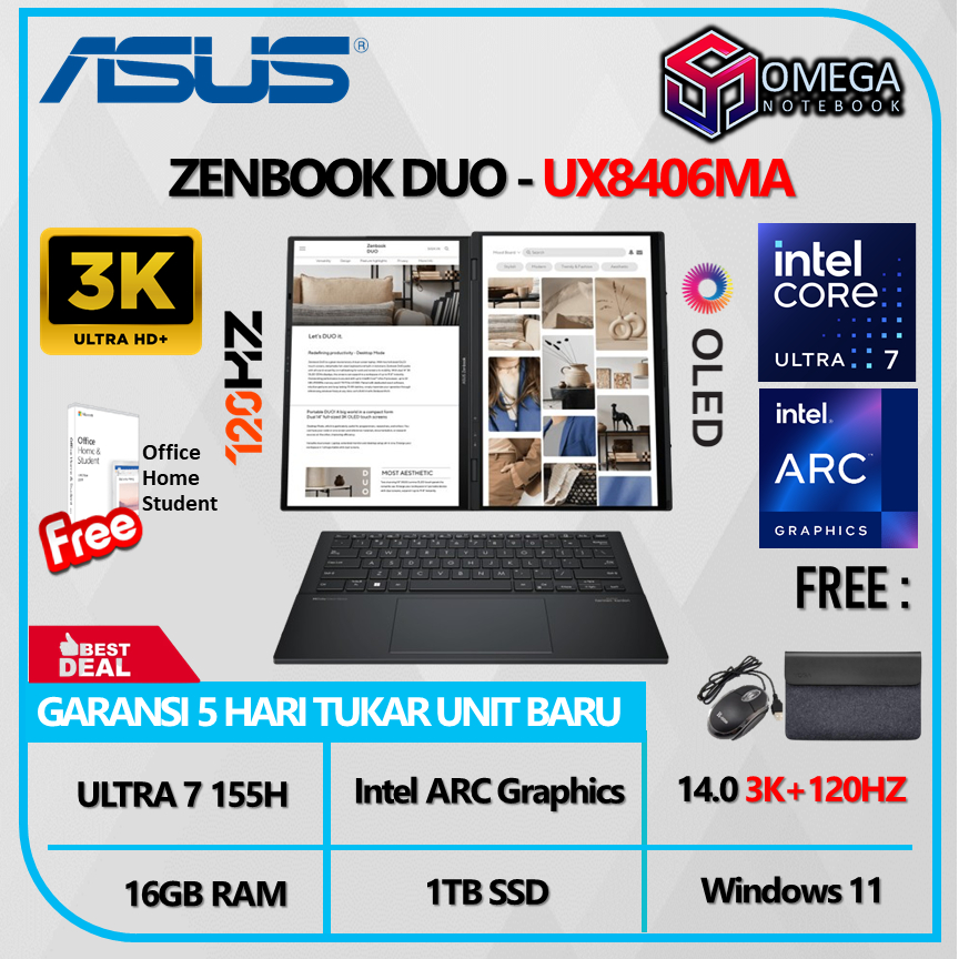 Jual ASUS ZENBOOK DUO UX8406MA OLED TOUCH ULTRA 7 155H 16GB 1TB ARC 14.0 3K+FHD 120HZ Windows 11