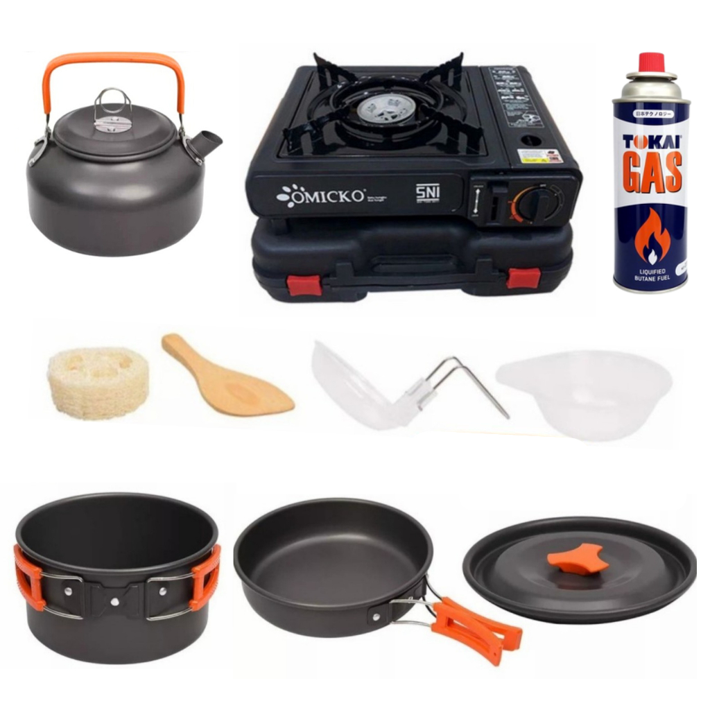 Panci Set Camping Gunung Plus Kompor Portable Omicko 2in1 Free Gas Kaleng