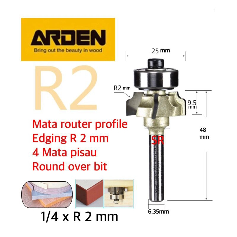 Jual Mata Router/ Profil Edging R 2mm 4 Mata Pisau/ Round Over Bit ...