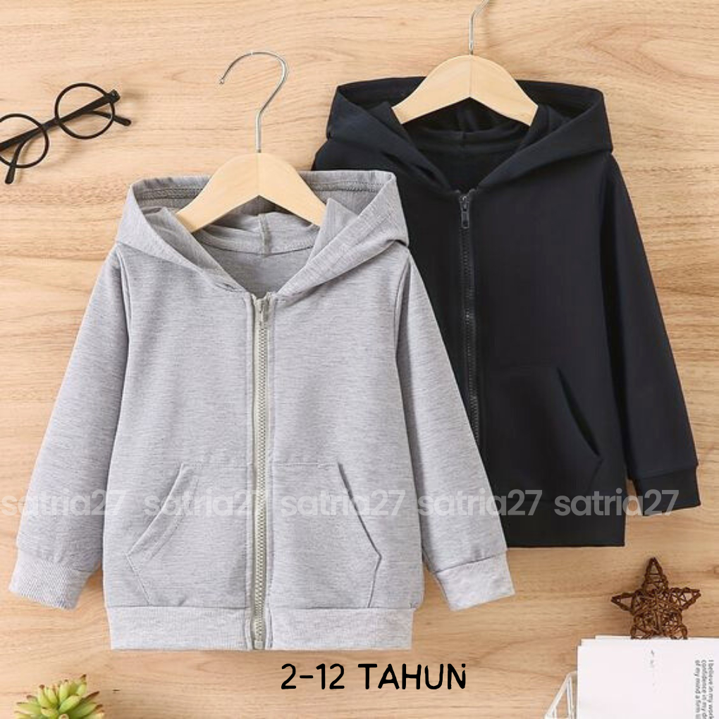 JAKET ANAK ZIPPER SWEATER HOODIE LAKI LAKI PEREMPUAN POLOS KEKINIAN TERBARU  BAHAN FLEECE USIA 2TAHUN SAMPAI 12TAHUN