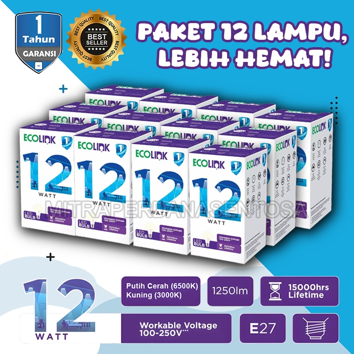 Jual PAKET 12 PCS Ecolink Lampu Bohlam LED Bulb 12 Watt 12w TAHAN LAMA