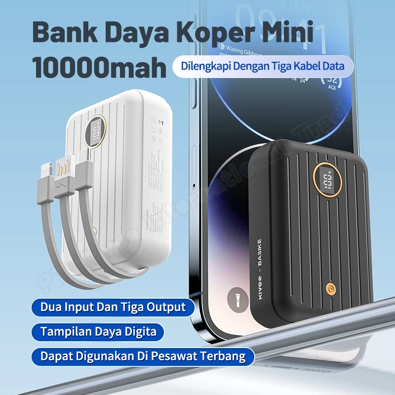 KIVEE Powerbank 10000mAh Mini Portable fast charging 20W With kabel data Type C Lightning USB 3-in-1