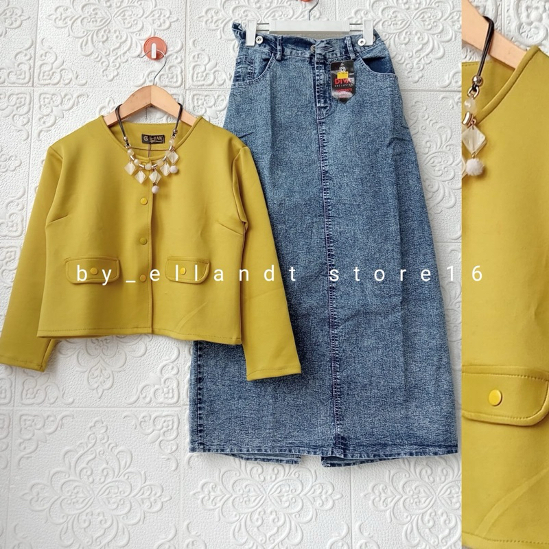 Jual Setelan blazer crop dan rok jeans span wanita new | Shopee Indonesia