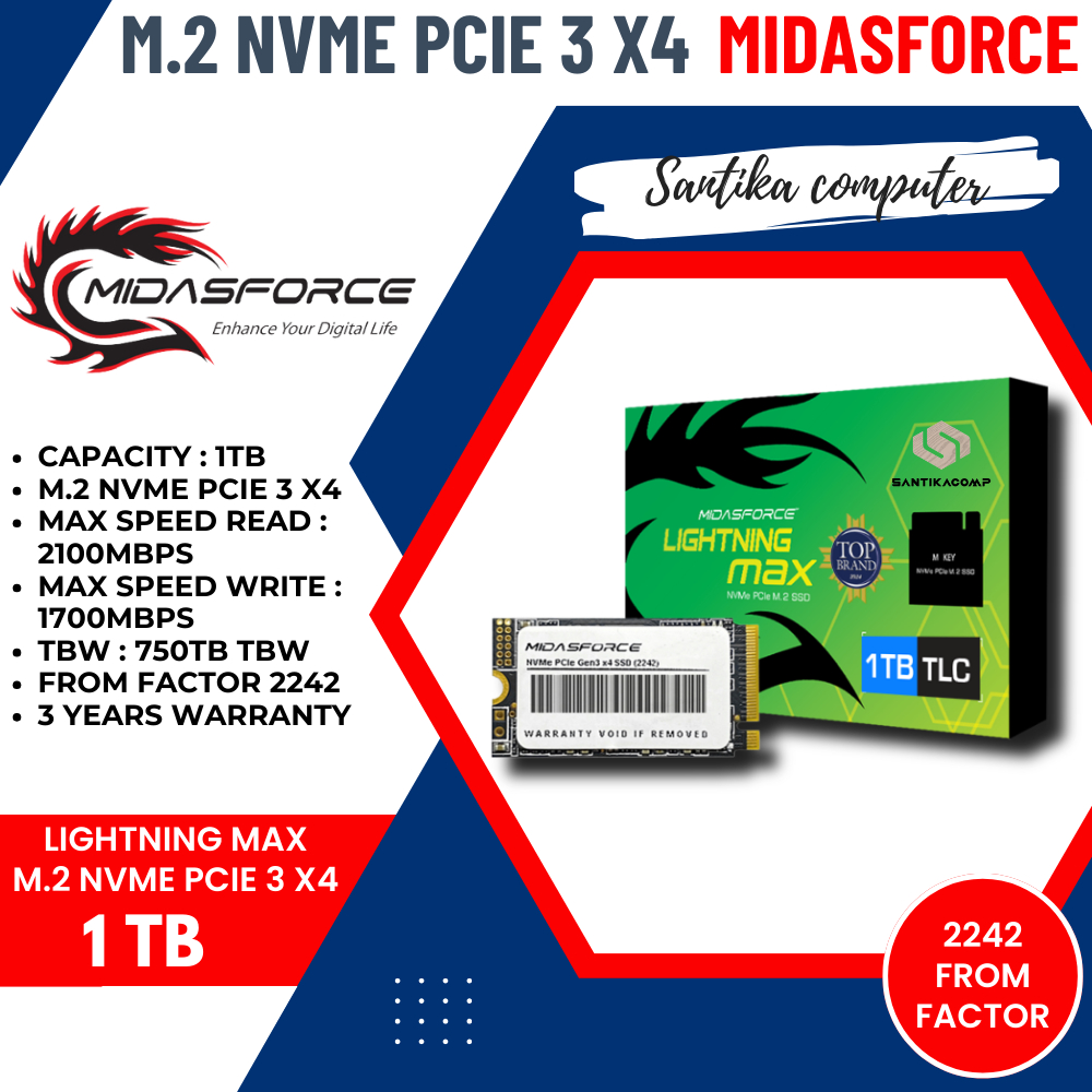 Jual NVME 1TB 2242 MIDASFORCE LIGHTNING MAX SSD NVME PCIE GEN3