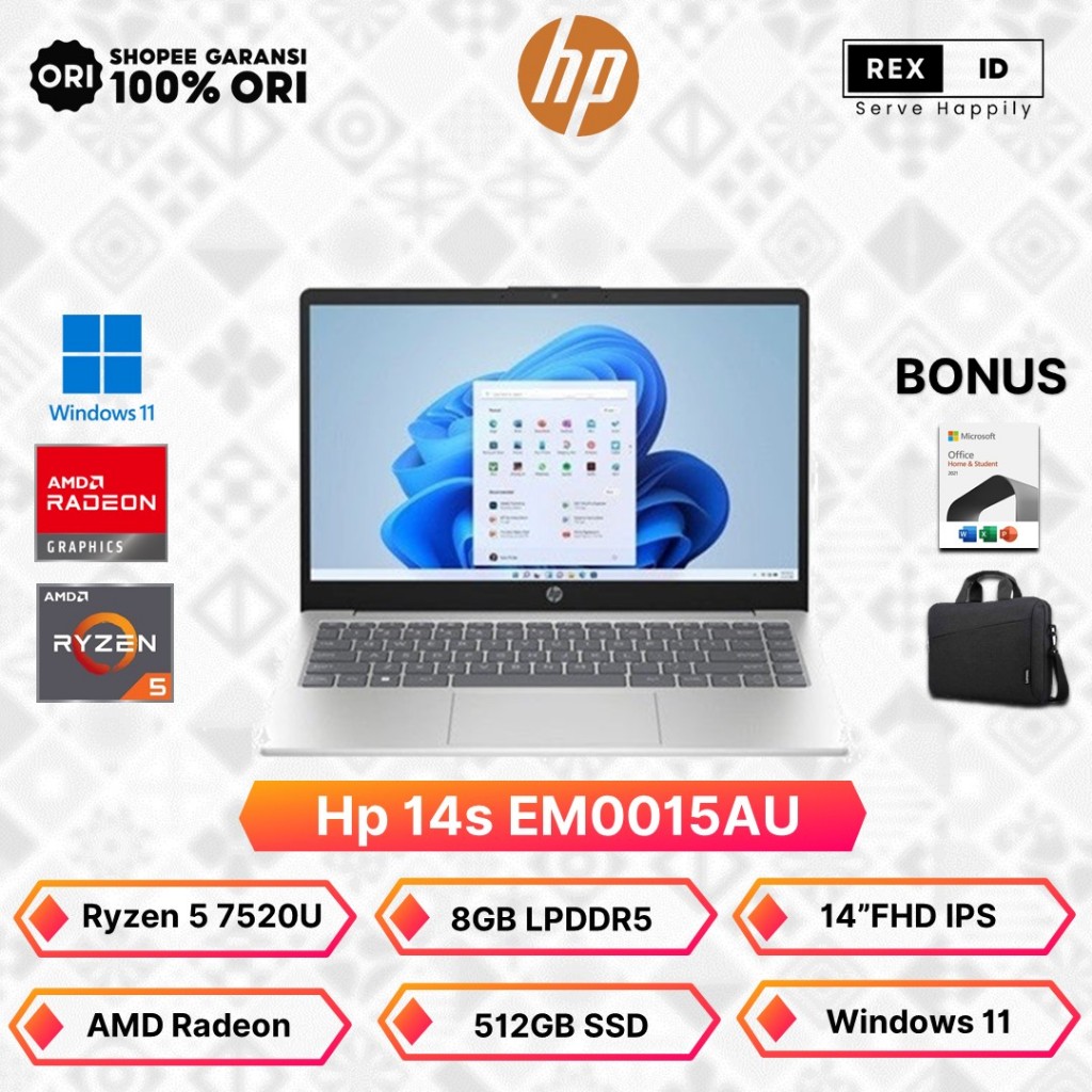 Jual Laptop Hp 14s Ryzen 5 7520u 8gb 512gb W11ohs 140fhd Ips Blit 2y Slv Em0015au Shopee 0300