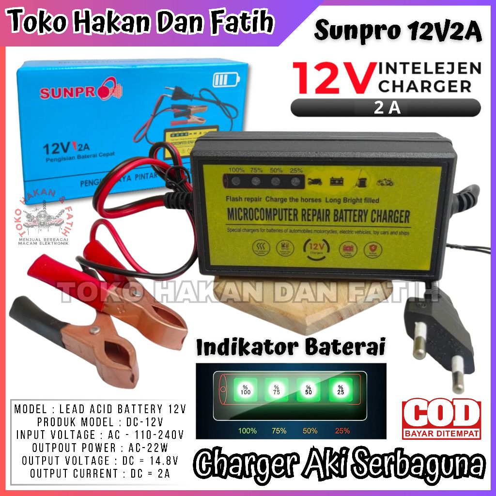 Jual Charger Aki Sunpro cas aki motor mobil Battery 12V 2a Adaptor cas