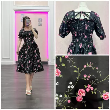RD FASHION SMOCKED DRESS Gaun Musim Panas Kasual Baru Lengan Pendek Smocked Dress Lipit Bunga