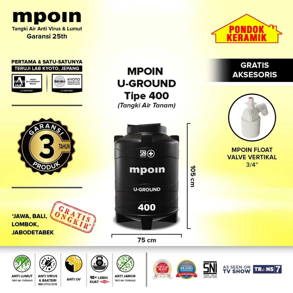 Tandon Mpoin U-Ground 400 Tangki Tandon Air 350 Liter Toren Anti Lumut Garansi 25 Tahun