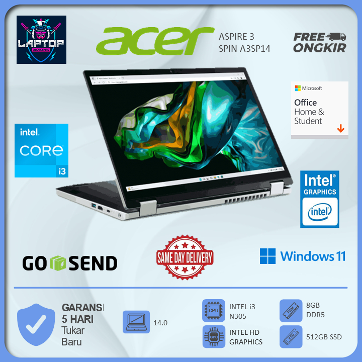 Jual Acer Aspire 3 Spin A3sp14 Touch I3 N305 8core 8gb 512gb W11ohs 140wuxga Ips Shopee 9321