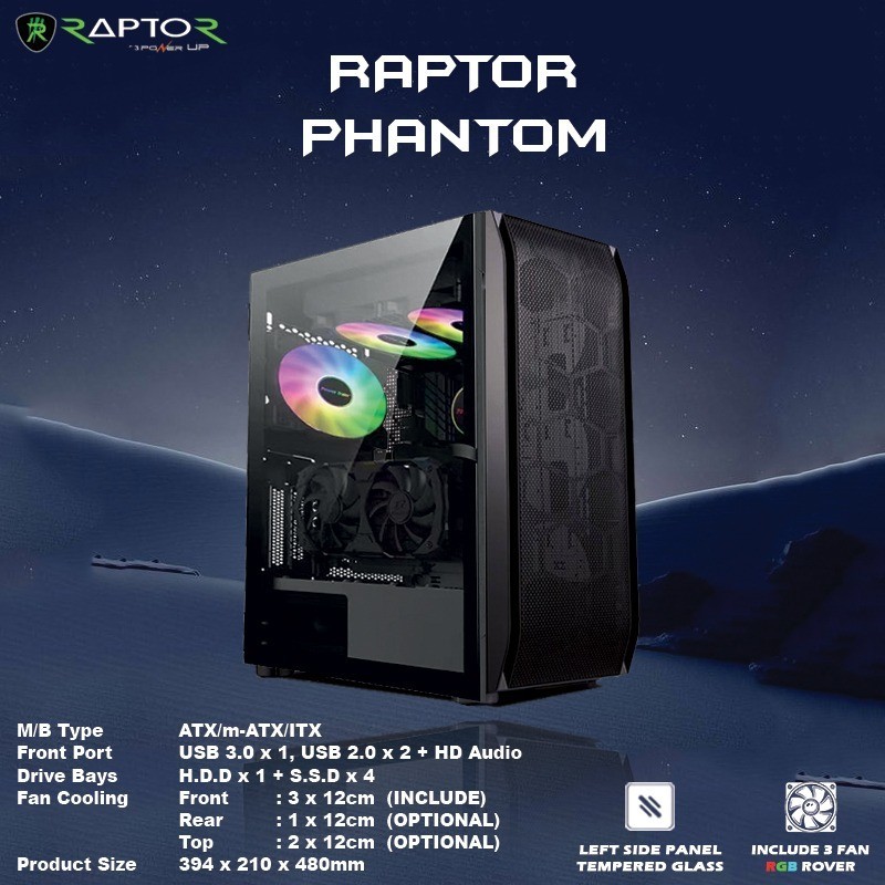 Jual Casing Gaming RAPTOR PHANTOM- include 3 FAN RGB ROVER | Shopee ...