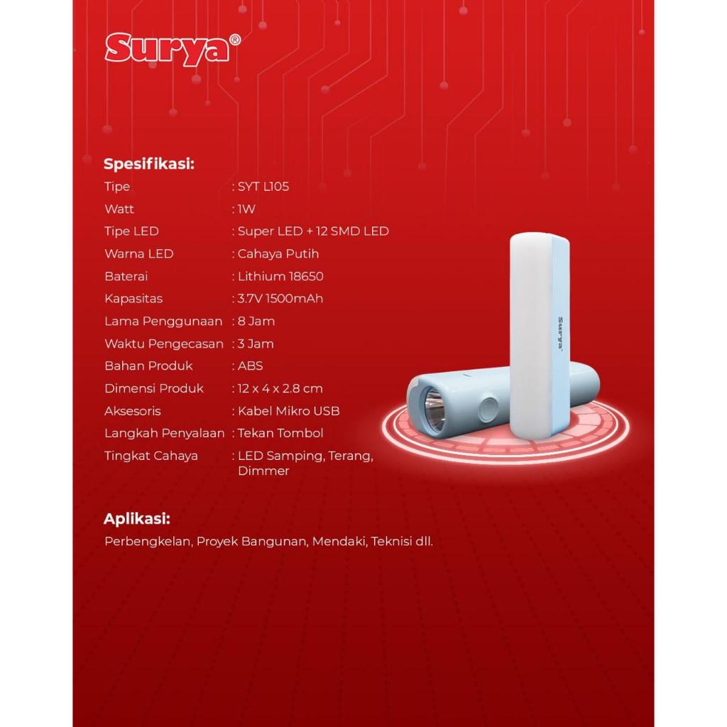 Jual Lampu Emergency LED SURYA Lampu Senter Charge LED SYT L105 SYT L ...