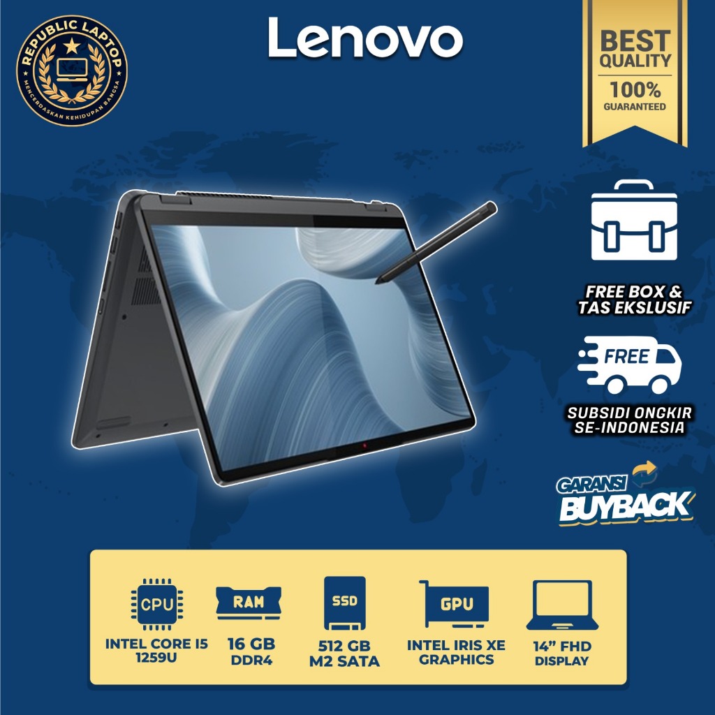 Laptop Lenovo 2-in-1 Generasi 12 RAM 16GB SSD 512GB tampilan depan