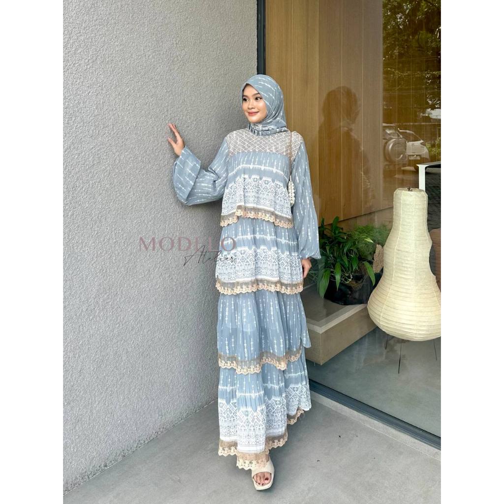 Jual Salwa Premium Maxy Set HIJAB | Gamis Plisket Motif / Gamis Plisket ...