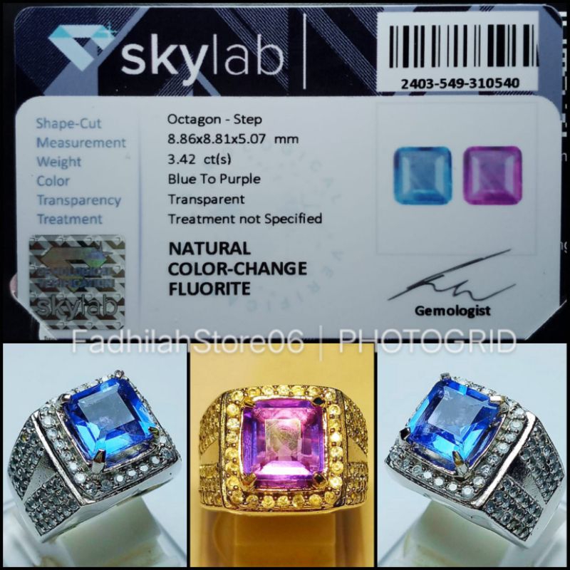 Jual Cincin Perak Permata Color Change Flourite Octagon + Memo SKY Lab