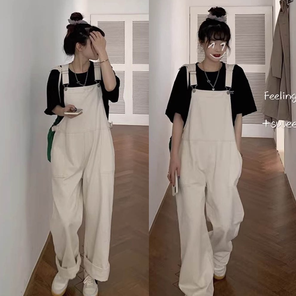 Jual ART D95L korea style retro celana jumpsuit jeans wanita high waist loose hitam gelap jumpsuit jeans putih baju kodok wanita Shopee Indonesia