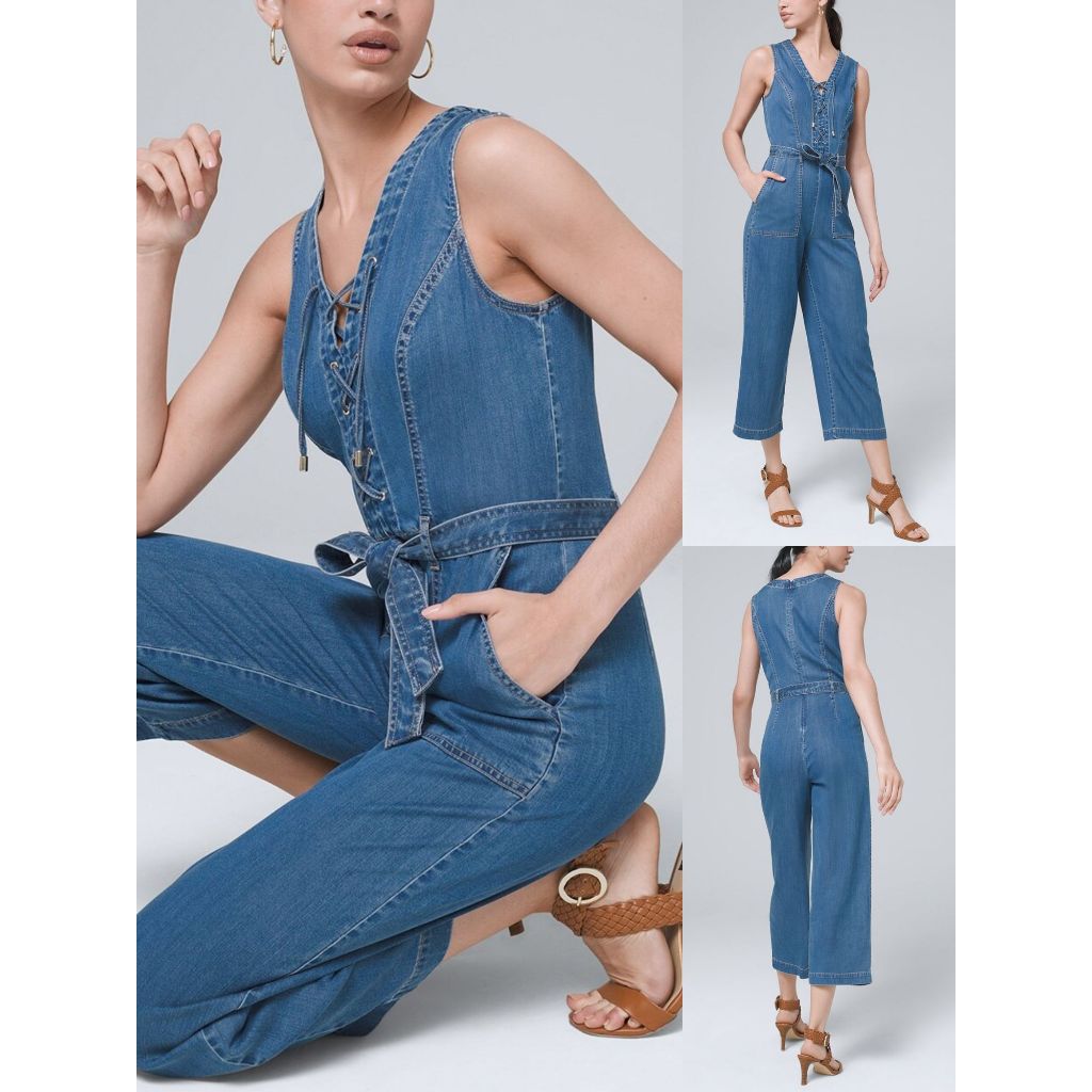 Jual WH*BM Lace-Up Soft Denim Crop Jumpsuit (NO BELT) - 5005 | Shopee ...