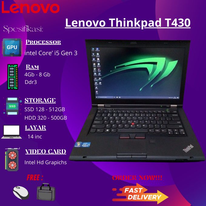 Laptop Murah Lenovo Thinkpad T-SERIES T410 T420 T430 T440 T450 Core i5 Ram  8GB SSD 256GB MURAH MULUS BERGARANSI