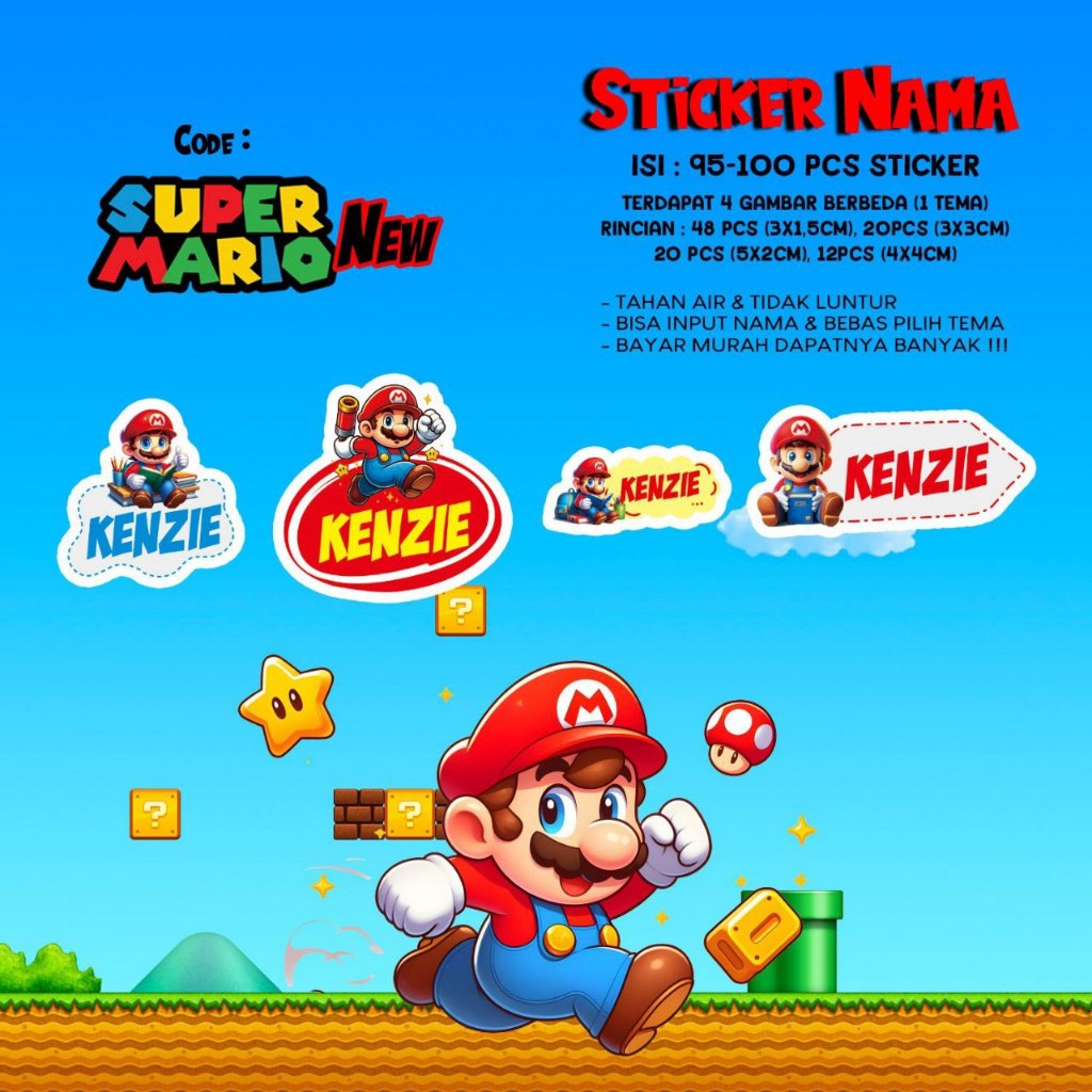 Jual Sticker / Stiker Label Nama Karakter Tema MARIO BROS / SUPER MARIO