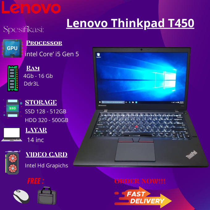 Jual LAPTOP LENOVO THINKPAD T450 CORE I5 GEN 5 RAM 8GB SSD 256GB MULUS ...