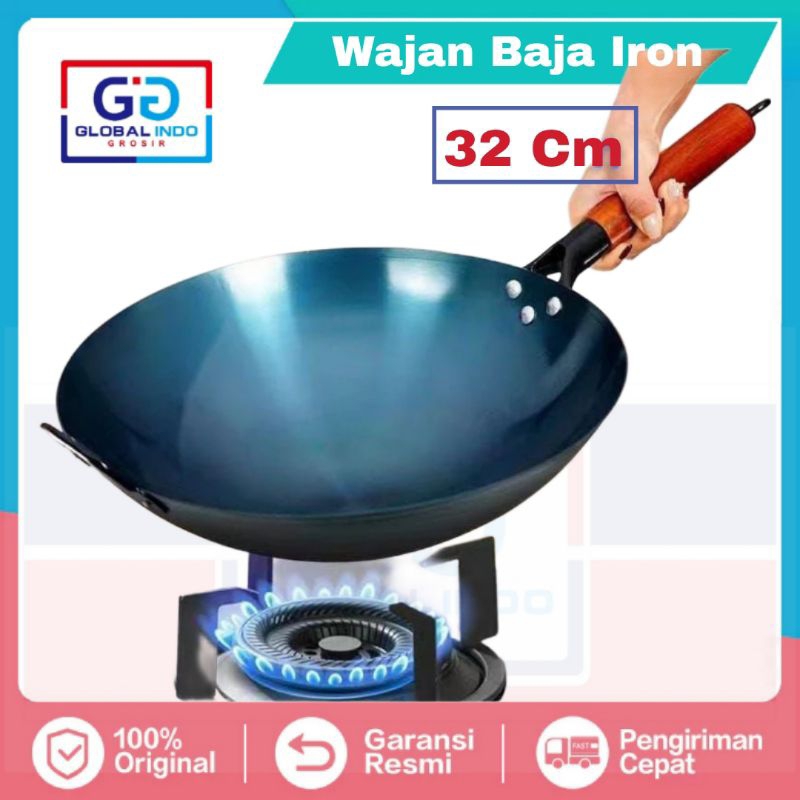 Jual Wajan Baja Iron Tebal Anti Lengket Wok Kuali Iron Pegangan Kayu Cm Penggorengan Wajan