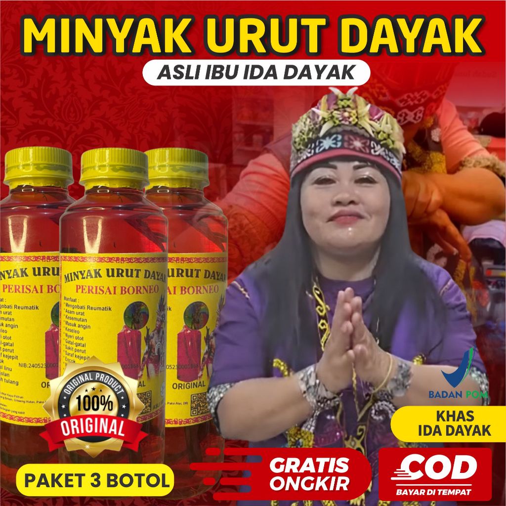 Paket 3 Botol - Minyak Urut Dayak Kalimantan Asli Ibu Ida Original 100% Perisai Borneo Atasi Keseleo Rematik Asam Urat Nyeri Otot Pegal Linu Gatal Gatal isi 250ml
