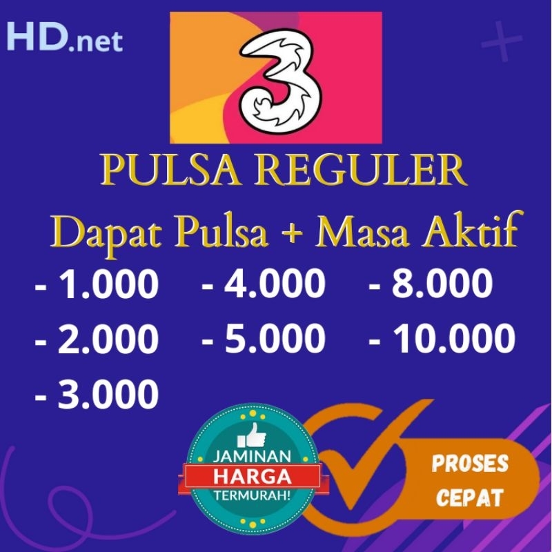 Jual LANGSUNG ISI PULSA MURAH TRI 3 REGULER 1 2 3 4 5 8 10 ribu k rb