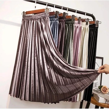 Rok Plisket Bludru 7 8 Spring Autumn Woven Hight Waist Plester Midi Skirt Rok Velvet Mewah