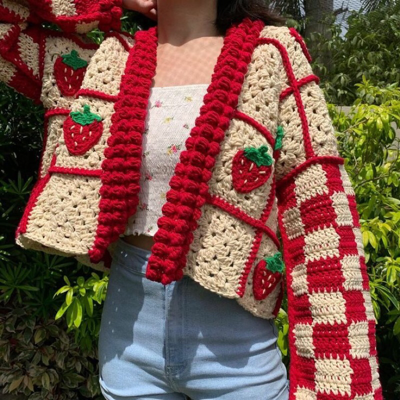Jual Custom Cardigan Rajut Handmade Strawberry/ Crochet Cardigan ...