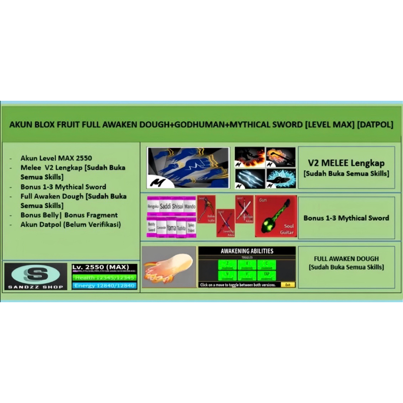 Jual Akun Blox Fruit FULL AWAKE N DOUGH GODHUMAN MYTHICAL SWORD Level