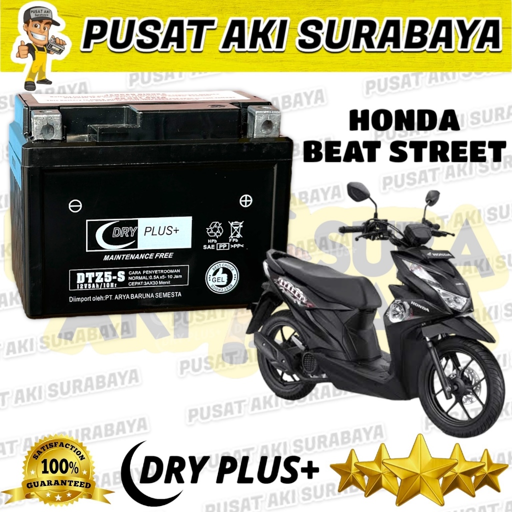 Jual PUSAT AKI SURABAYA DRYPLUS DTZ5S ACCU BEAT STREET 12V 5Ah HONDA