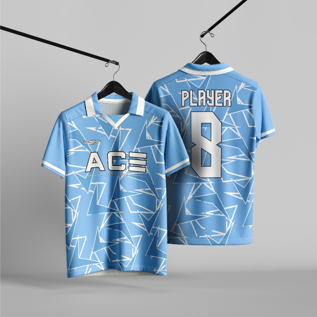 Jual Jersey Futsal Bola Motif Abstrak Biru Lis Putih Free Pasang