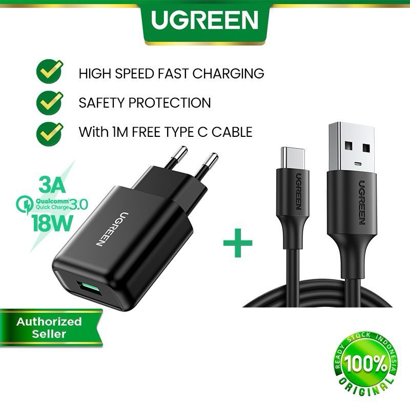 Charger Ugreen Quick Charge QC 18W Fast Charging Free Kabel USB Type C