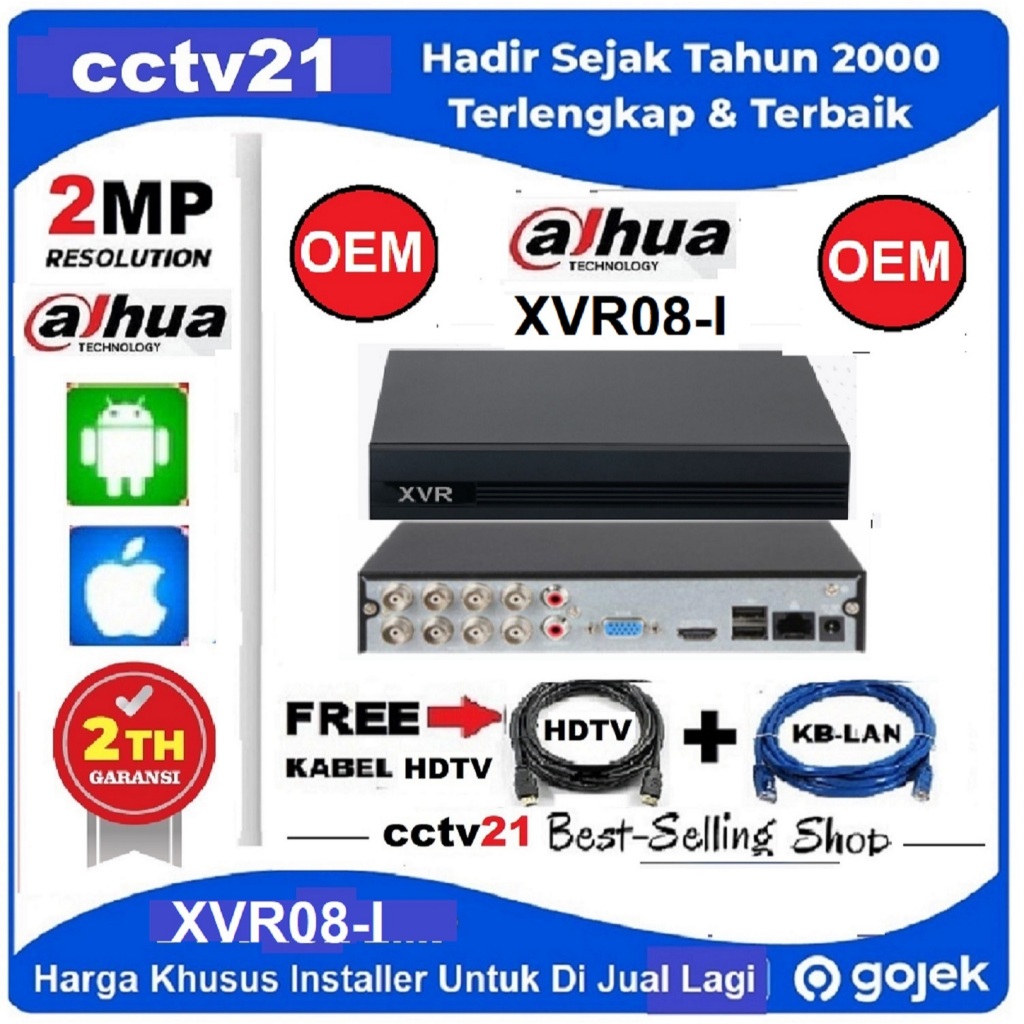 Jual DVR 8CH OEM Dahua DHXVR1B08I 2MP 1080N+HDMI+Kabel LAN Garansi