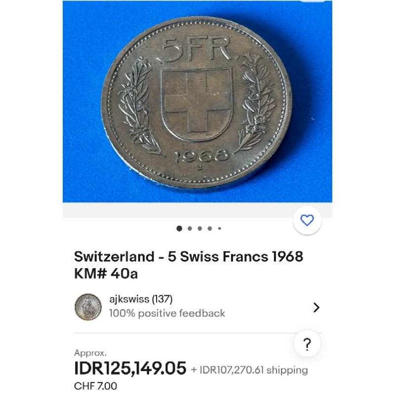 Jual Uang Kuno Koin Confoderatio Helvetica 5 FR tahun 1968