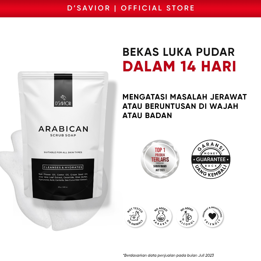 Jual D'SAVIOR Arabican Scrub Soap 80gr Sabun non SLS untuk Bekas Luka