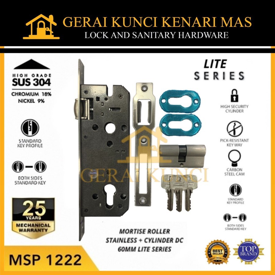 Jual PALOMA MSP 1222 Mortise Lock Roller SUS 304 Set Cylinder 40mm ...