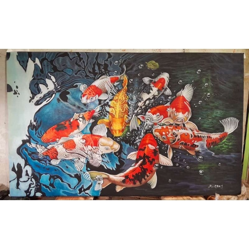 Jual lukisan kanvas ikan koi 3d include dengan frame tinggal pajang ...