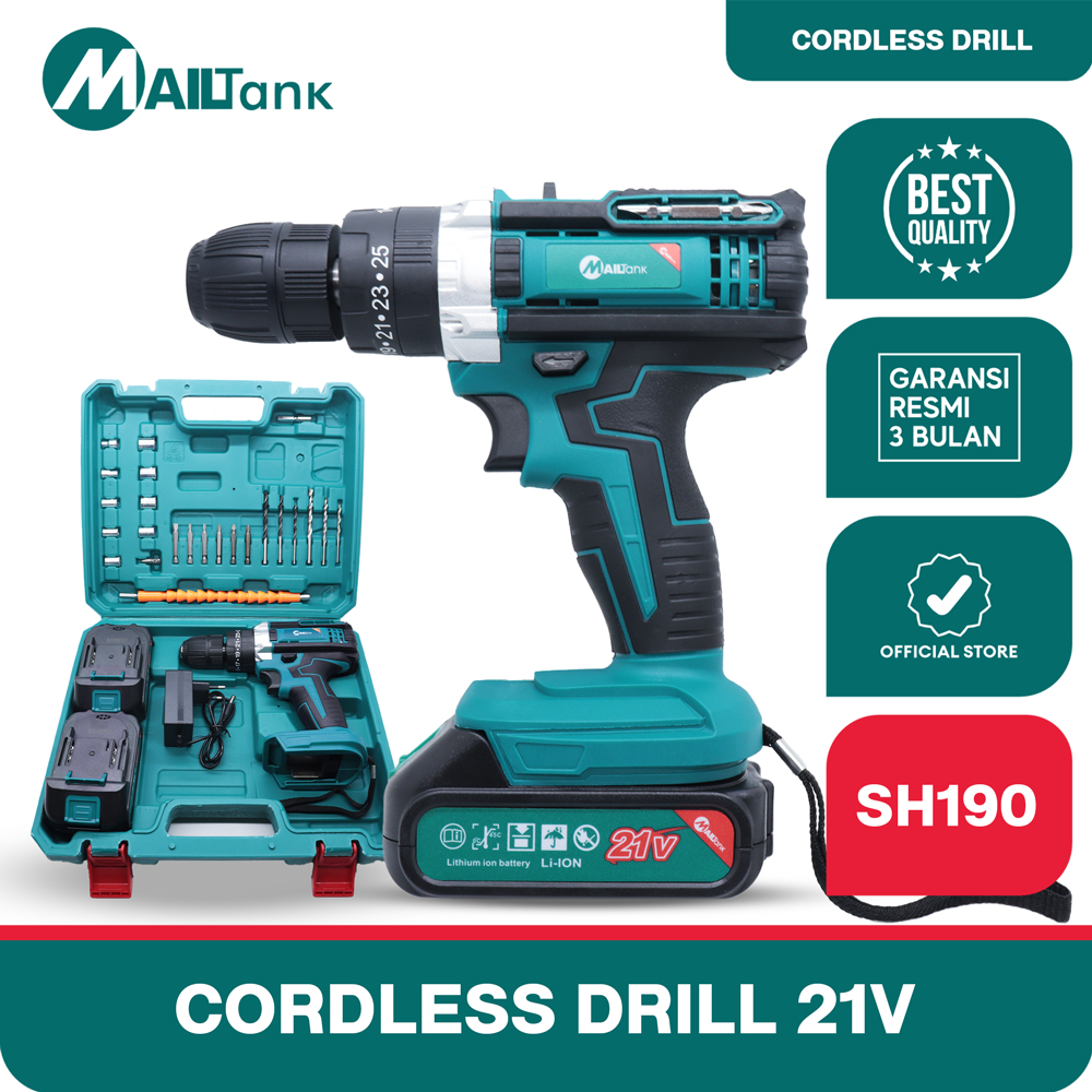 Jual Mailtank SH190 Mesin Bor Baterai 21V Cordless Drill 10mm Dapat 2 Baterai BONUS KOPER DAN SET MATA BOR Shopee Indonesia