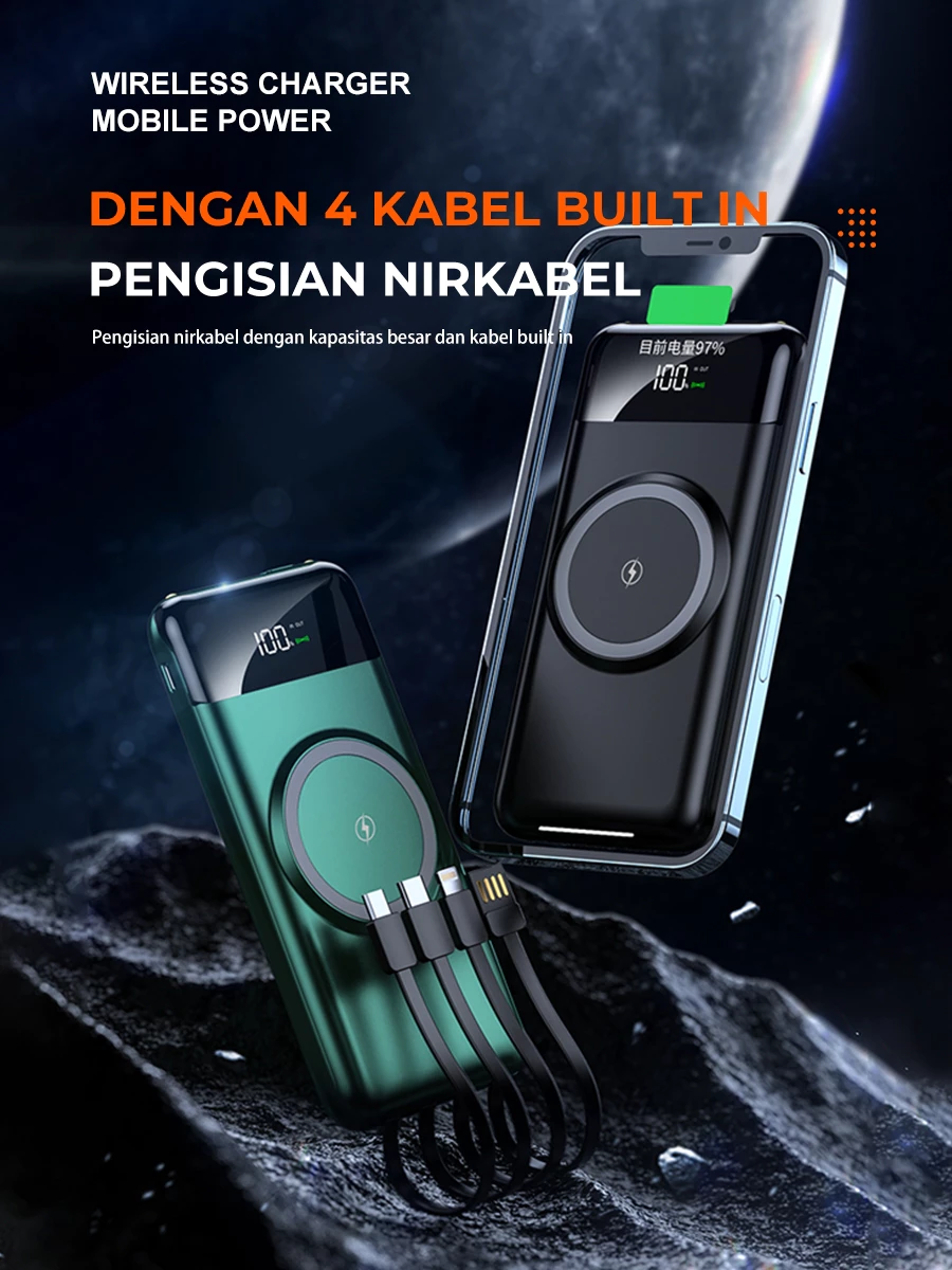 SKCBO Wireless Powerbank 20000mAh Built in Cable Kompatibel dengan semua ponsel Ori for iphone Android