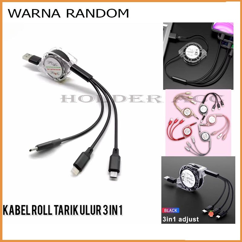 Jual HA Kabel Data ROLL 3in1 MIcro Type C Lightning Kabel Stretch 1M ...