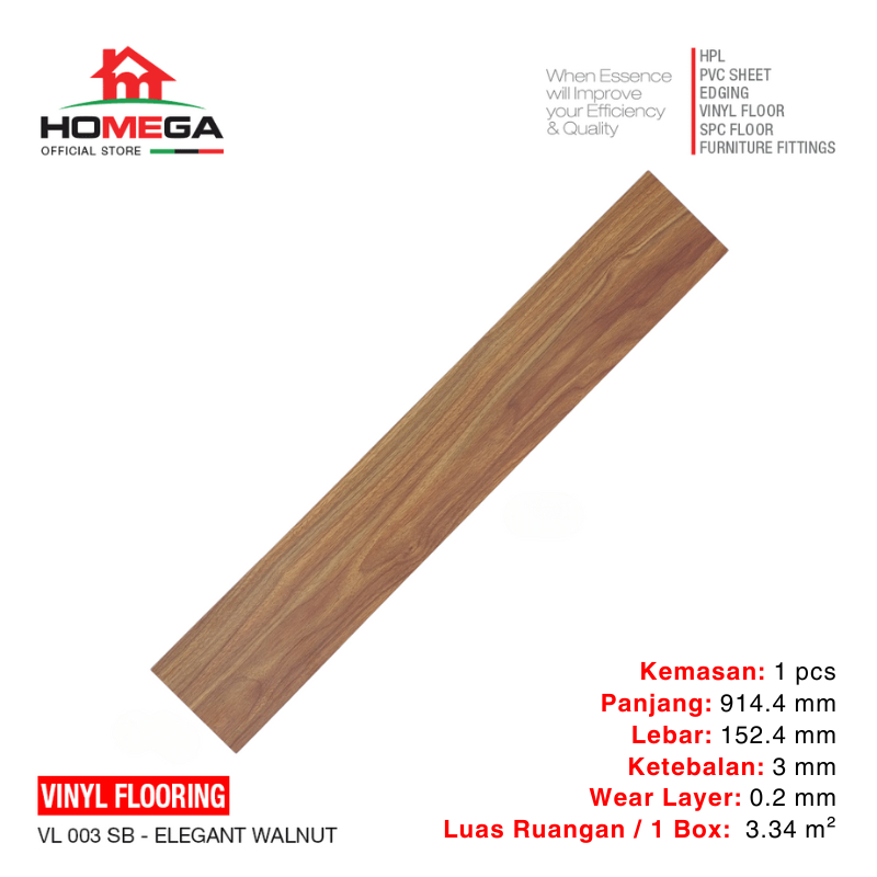 HOMEGA VINYL Flooring - Lantai Kayu Parket Parkit Parquet Stiker - Tekstur Wood Elegan Walnut - 1 Pcs