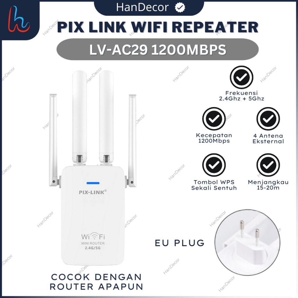 PIX-LINK AC29 Wireless Wifi 1200MBPS Penguat Sinyal Extender  Repeater Antena Eksternal