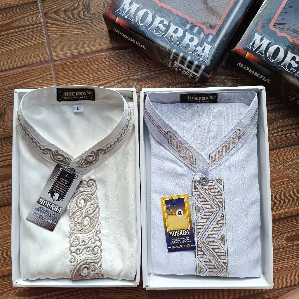 SumberRejekiJeans (BONUS DUS) Baju Koko Pria Terbaru Warna Putih Tulang Bordir Warna Lengan Panjang MOERBA