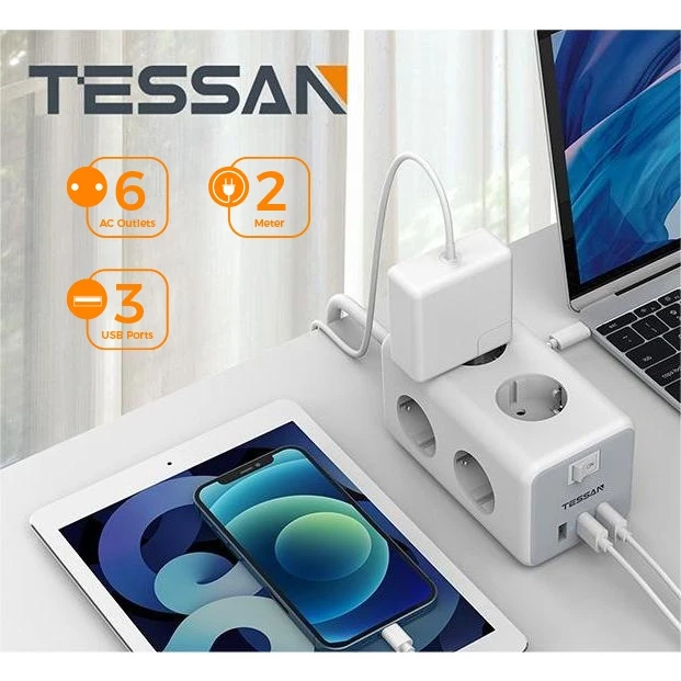 Tessan stop kontak power strip 7 in1（4 ac & 3 usb 5v/2,4a）