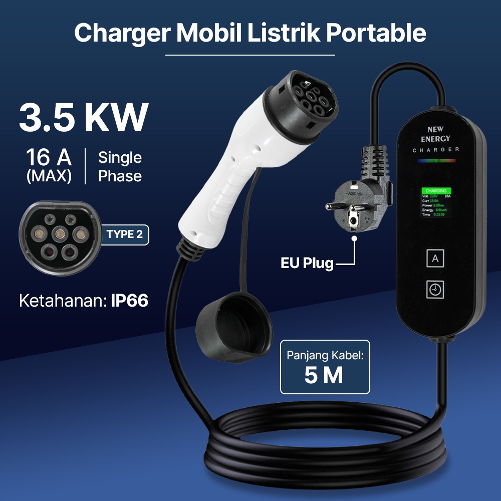 Jual Fast Charger EV (16A) 3.5kW EU to Type 2 Female Mobil Listrik Plug ...